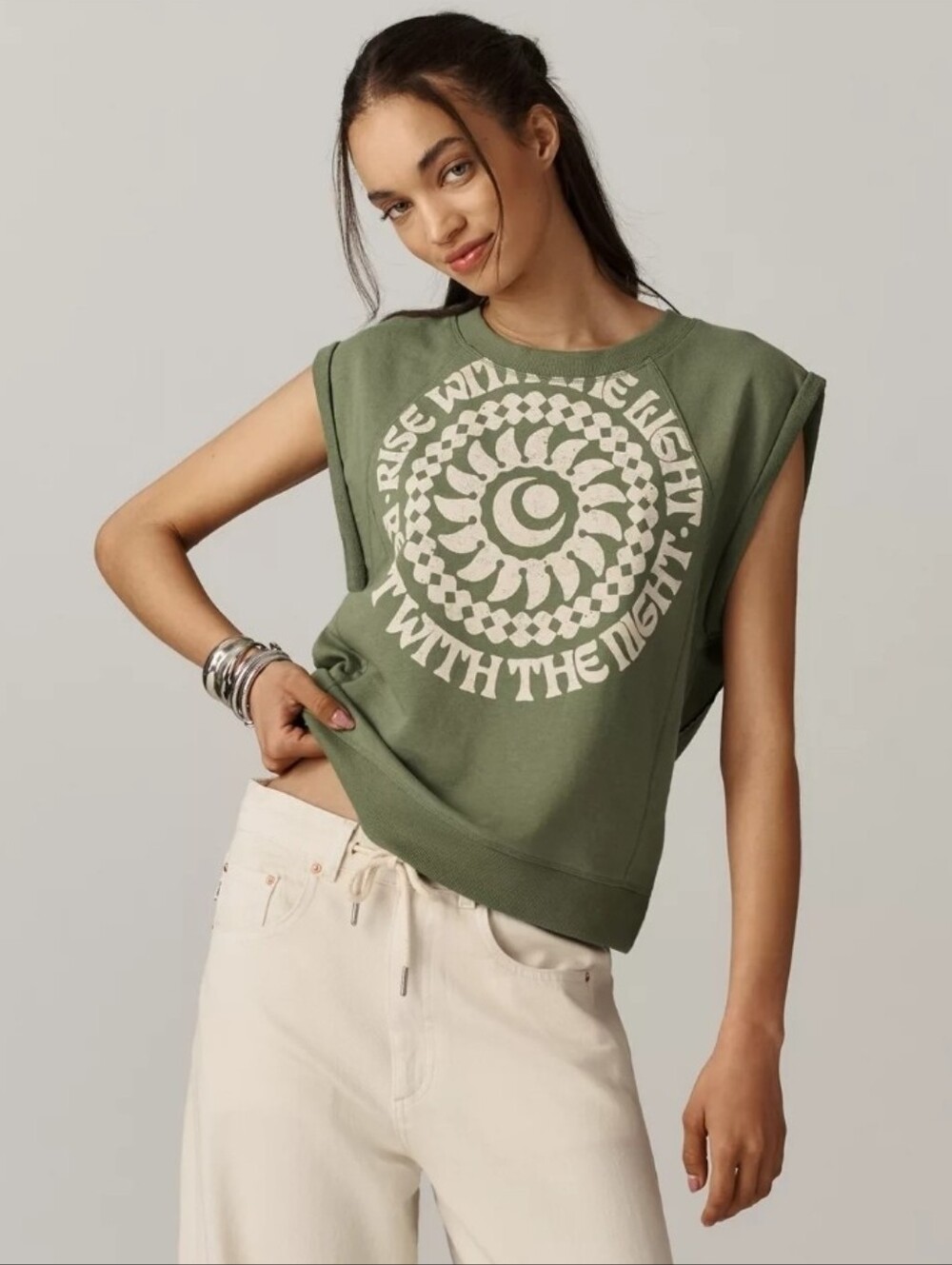 Pilcro Olive Green Graphic Sweatshirt Top Size M